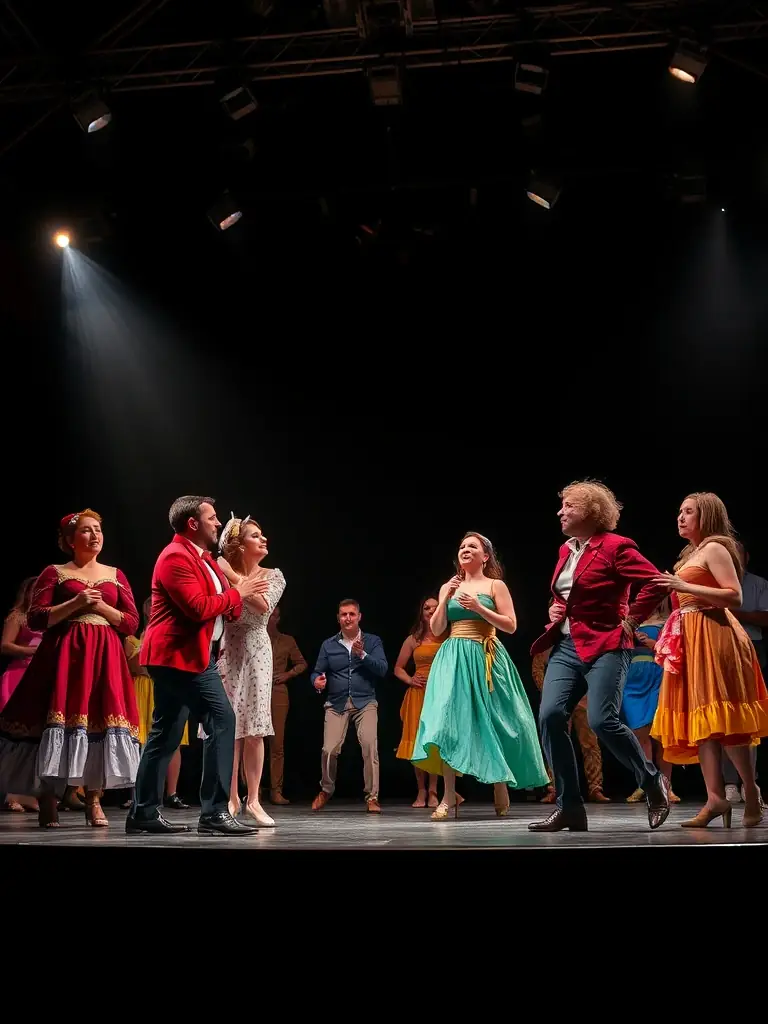 A photograph of a theatrical play, with actors in costume performing on stage, capturing the drama and emotion of the performance, representing ASCA's support for theater arts.