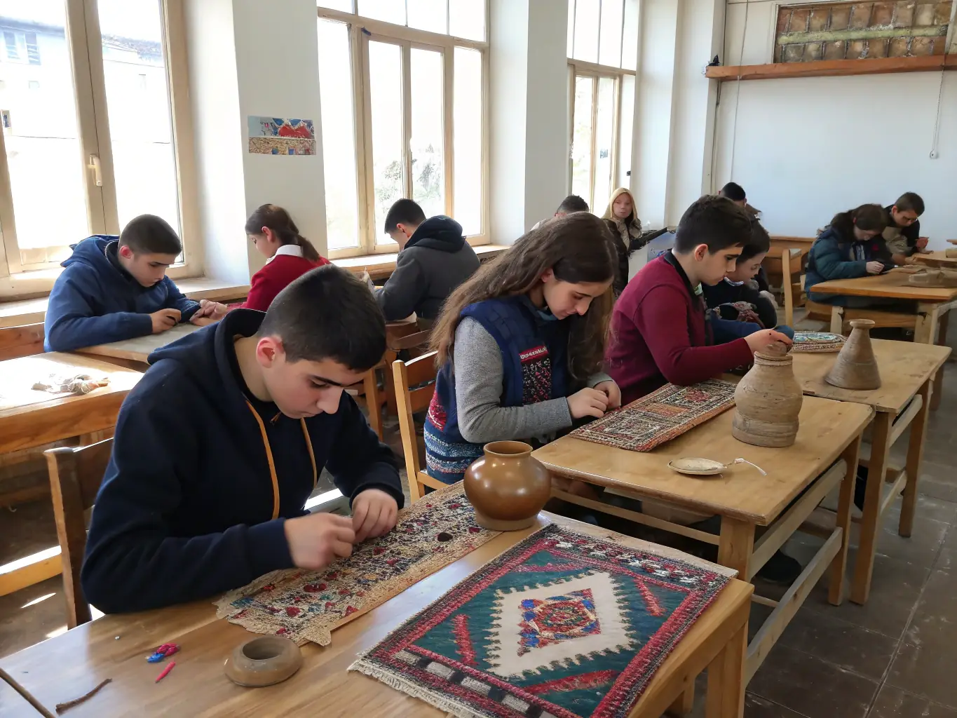 A dynamic image of participants actively engaged in an ASCA workshop, learning traditional Armenian crafts, with instructors guiding them through the process in a bright and spacious studio.