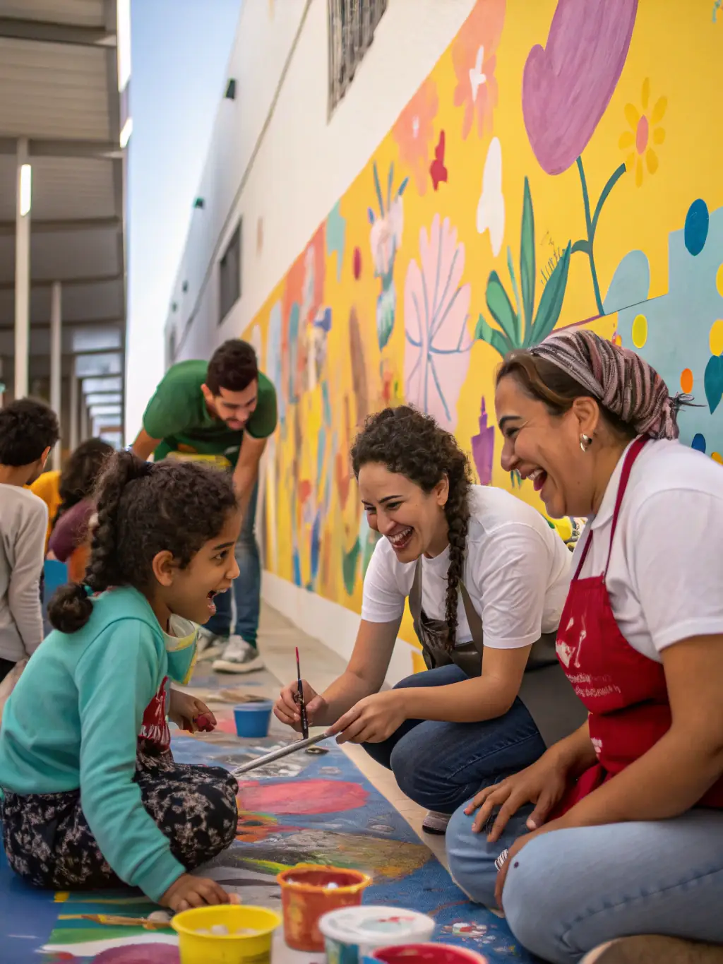 A photograph of a community art event, showcasing diverse participants collaborating on a large mural, emphasizing ASCA's role in fostering community engagement through art.