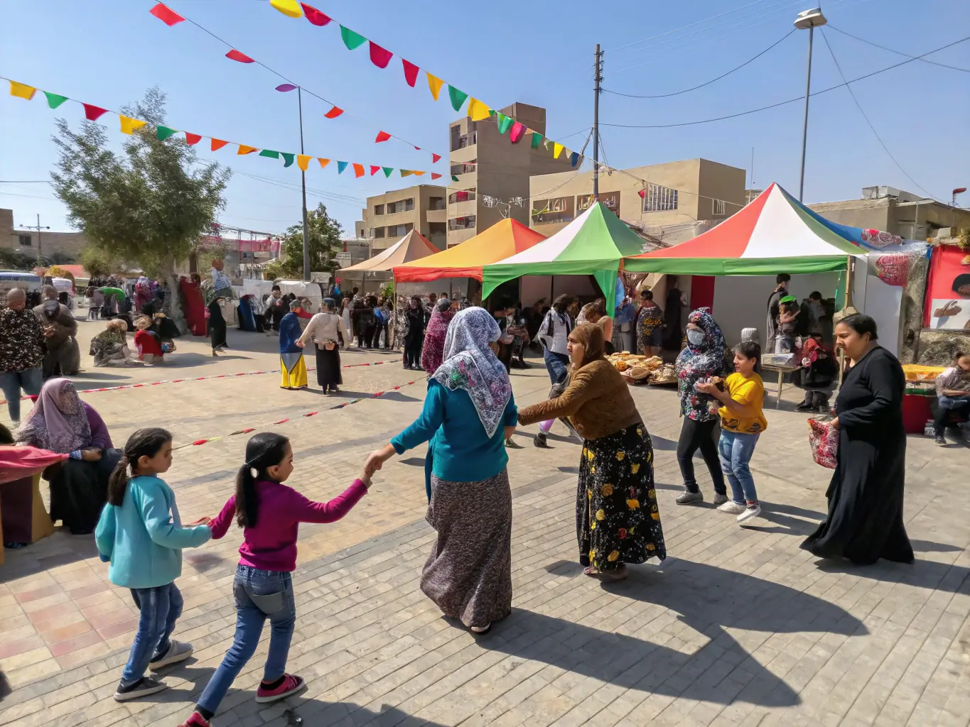 A lively photograph of an ASCA community event, featuring families and individuals of all ages participating in art activities, enjoying food, and celebrating Armenian culture in a festive outdoor setting.