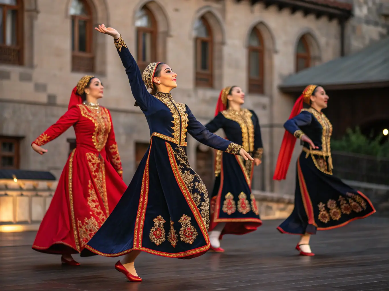 A vibrant photograph capturing a live performance by ASCA, showcasing dancers in traditional Armenian costumes on a brightly lit stage, with an enthusiastic audience in the background.