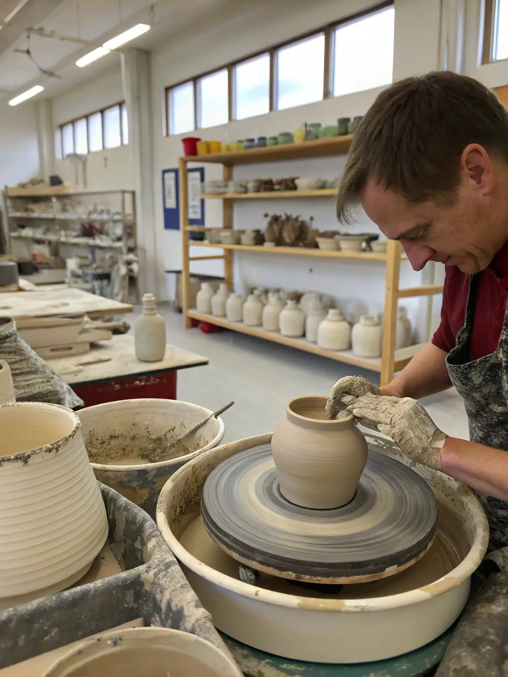 An image depicting a hands-on pottery workshop, with participants creating unique ceramic pieces, highlighting ASCA's dedication to providing practical artistic skills.