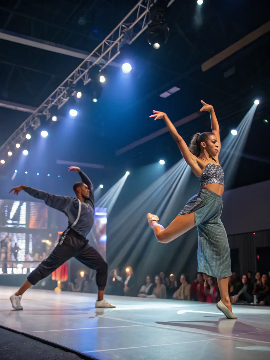 A photograph capturing a vibrant dance performance on stage, showcasing dynamic movements and colorful costumes, reflecting ASCA's commitment to performing arts.